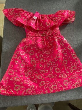 Lilly Pulitzer Hot Pink One-Shoulder Ruffle Dress with Gold Floral